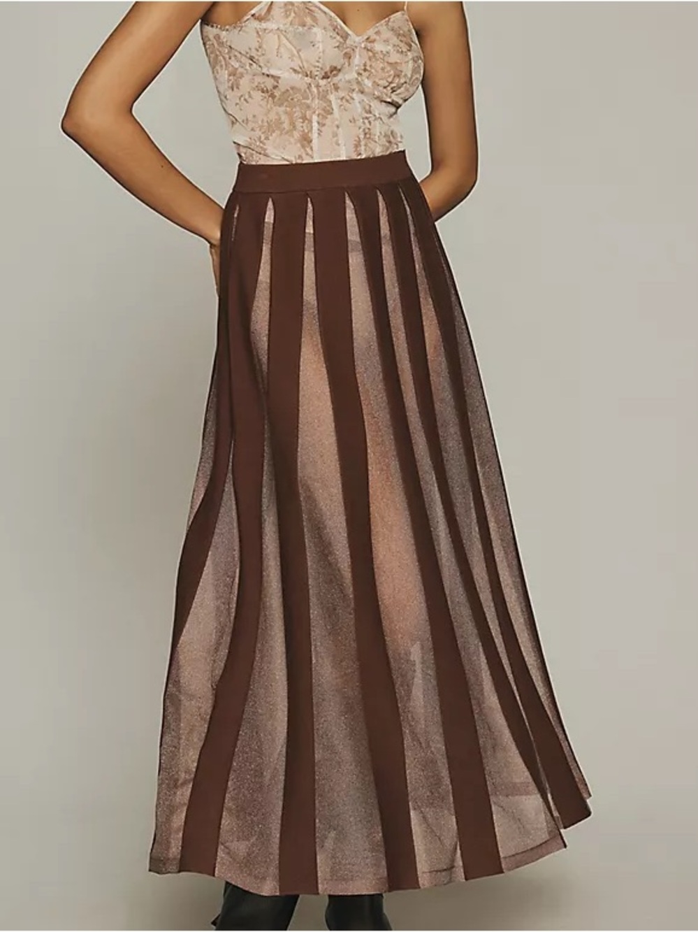 NWT Anthropologie Sz XL Brown Knit Metallic Sheer Pleated Maxi Skirt Pull On